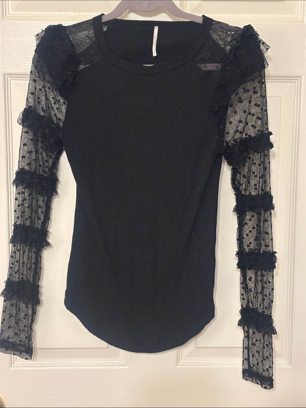 Free People Black Ribbed Knot Top with Sheer Polka-Dot Lace Sleeves M